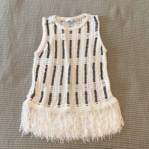 White + Warren White and Black Fringe knit Tank Top. Size S